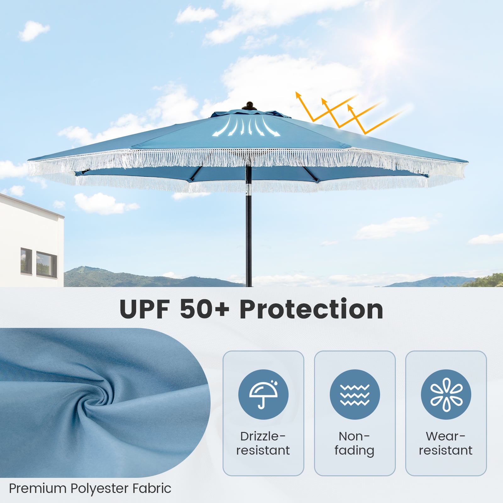 9 FT Patio Umbrella with Fringe Tassel Umbrella with Tilt and Crank-Navy