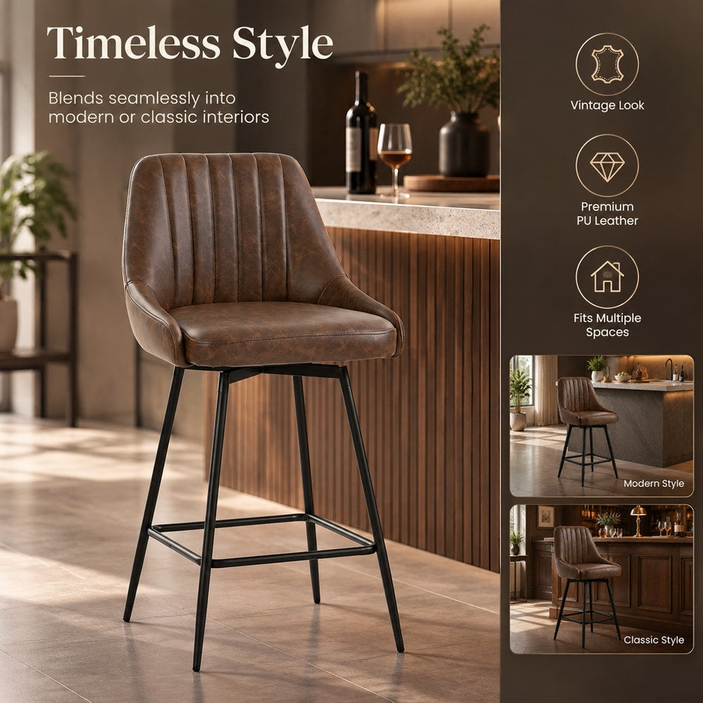 HOMCOM Bar Stools Set of 2, Swivel Counter Height Barstools with PU Leather, for Kitchen Island, Dining Room, Dark Brown