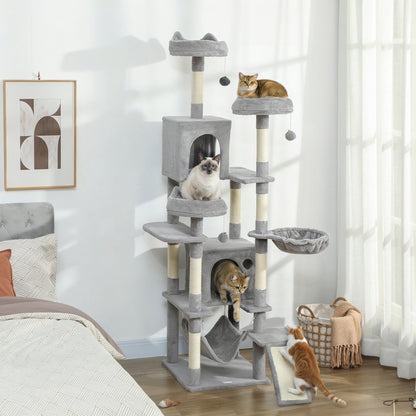 PawHut Cat Tree, 192 cm Large Multi-Level Cat Tower for Indoor Kittens with 8 Scratching Posts, 3 Plush Beds, 2 Hammocks