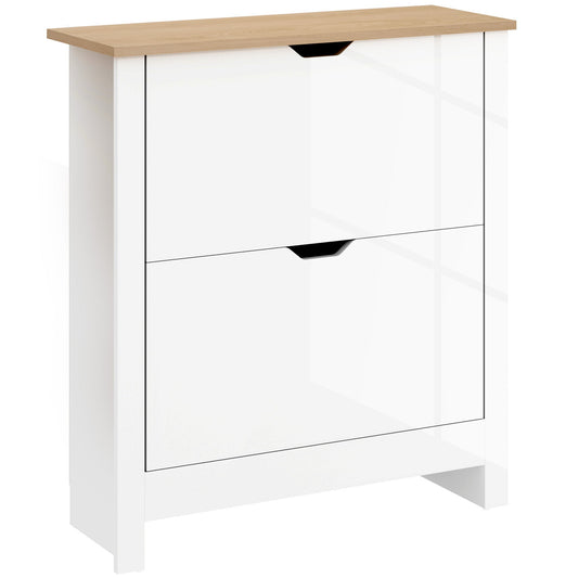 HOMCOM Slim Shoe Cabinet, Narrow Shoe Cupboard with 2 Flip Drawers, Adjustable Shelves for 12 Pairs of Shoes, High Gloss White