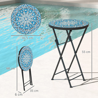 طاولة خارجية للحديقة من Outsunny Mosaic، طاولة قهوة مستديرة قابلة للطي مقاس 35.5 سم بإطار معدني للشرفة والتراس، لون أزرق