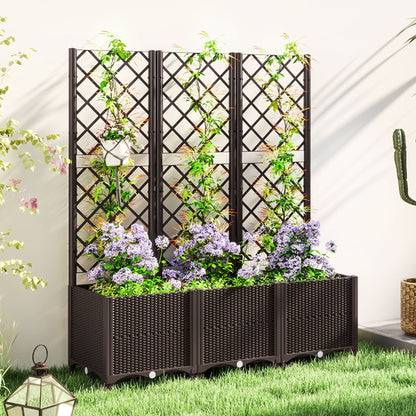 سرير حديقة مرتفع من Outsunny مع تعريشة، صندوق زرع بلاستيكي مع فتحات تصريف، سدادات تصريف وخزانات مياه للنباتات المتسلقة، الخضروات، الزهور، بني