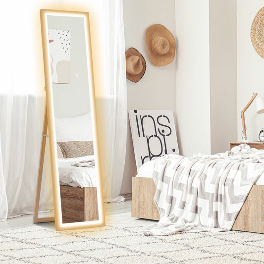 مرآة هومكوم بطول كامل، مع ضوء خارجي قابل للتعديل، لون البلوط