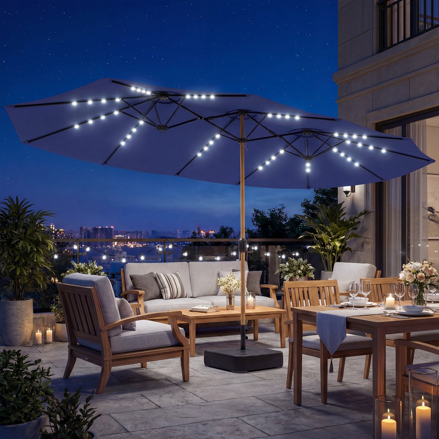 Outsunny Double Sided Garden Parasol with Base Included & 48 Solar LED Lights Patio Umbrella Crank Handle 4.6m Dark Blue