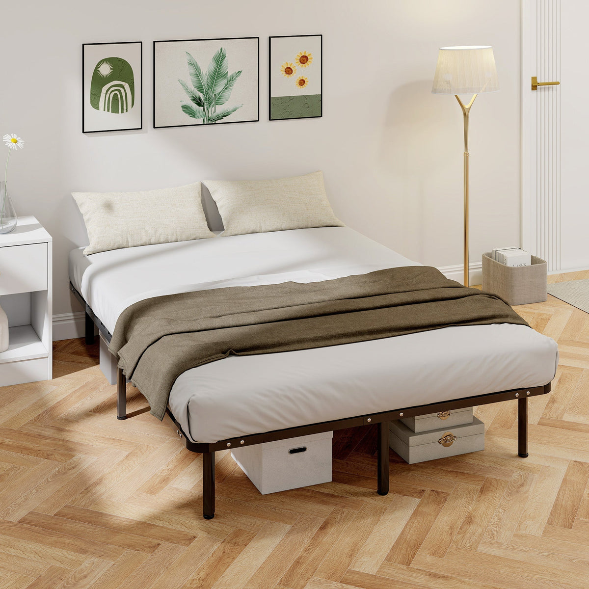 HOMCOM 4ft6 Double Bed Frame, Metal Platform Bed Frame with 2 x 14 Wood Slats, No Box Spring Needed, Underbed Storage, Black
