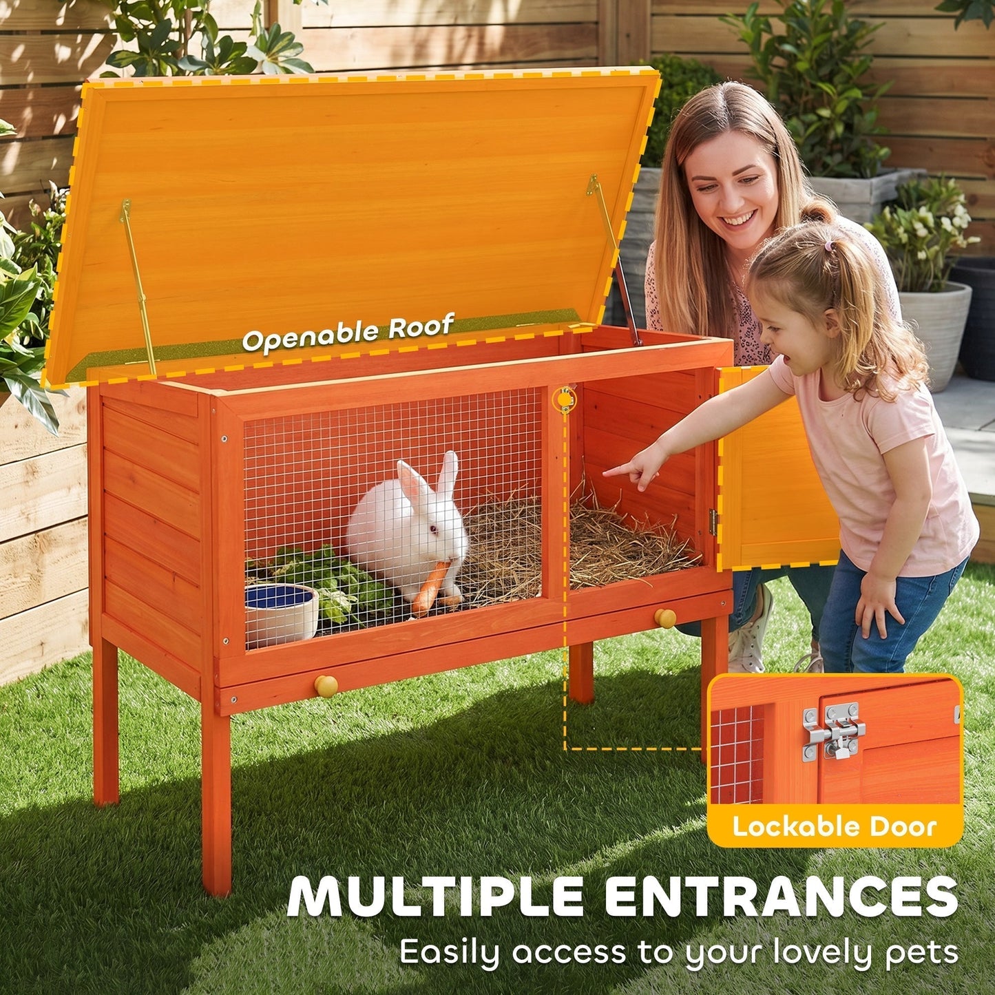 PawHut Wooden Rabbit Hutch, Guinea Pig Hutch with Asphalt Roof, Outdoor Elevated Bunny House for Rabbits, Chinchillas