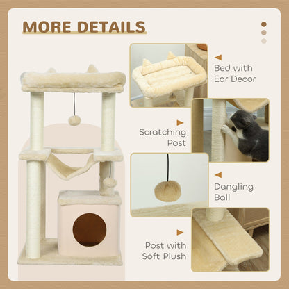 PawHut Cat Tree, 90cm Cat Tower with Sisal Scratching Posts, Cat Condo, Hammock, Top Perch and 2 Hanging Toys for Cats, Beige