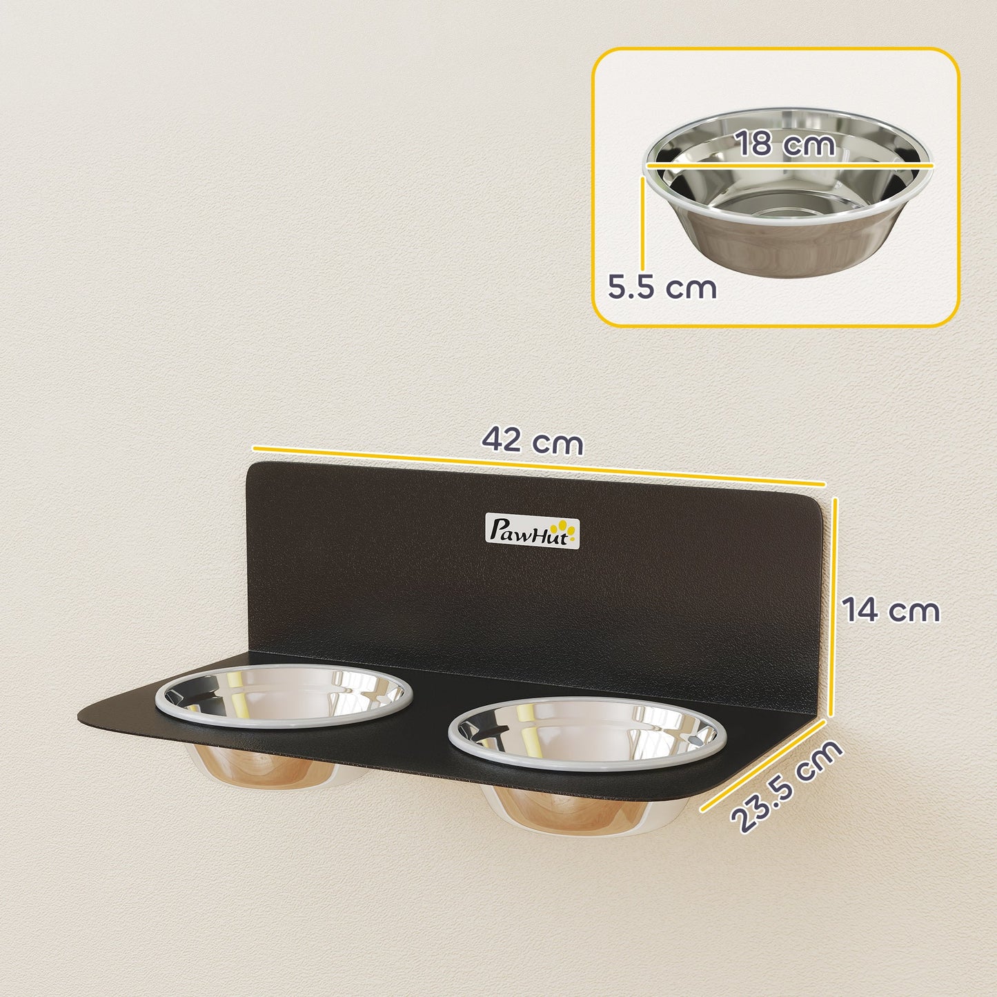 PawHut Wall Mount Dog Bowls, Adjustable Height Raised Dog Feeding Station with 2 Stainless Steel Bowls, 10kg Capacity, Black