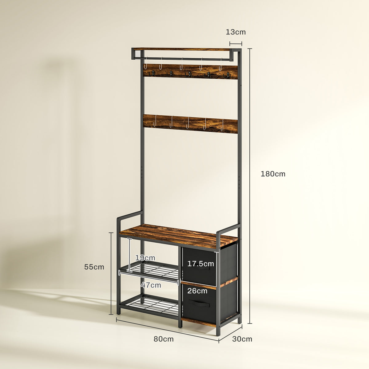 HOMCOM Industrial-Style Multi-Use Hallway Tree in Rustic Brown