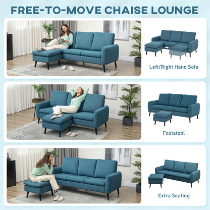 HOMCOM Fabric Sofa with Ottoman, Corduroy L-shaped Sofa Couch with Scatter Back, Reversible 3-Seater Chaise Lounge for Living Room, Home Office, Small Spaces, Blue