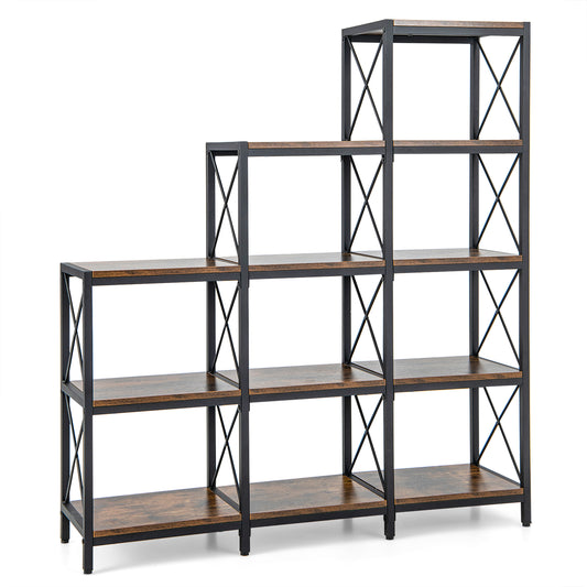 5-Tier Bookshelf 9 Cubes Bookcase with Carbon Steel Frame, a rustic brown unit with a stepped design