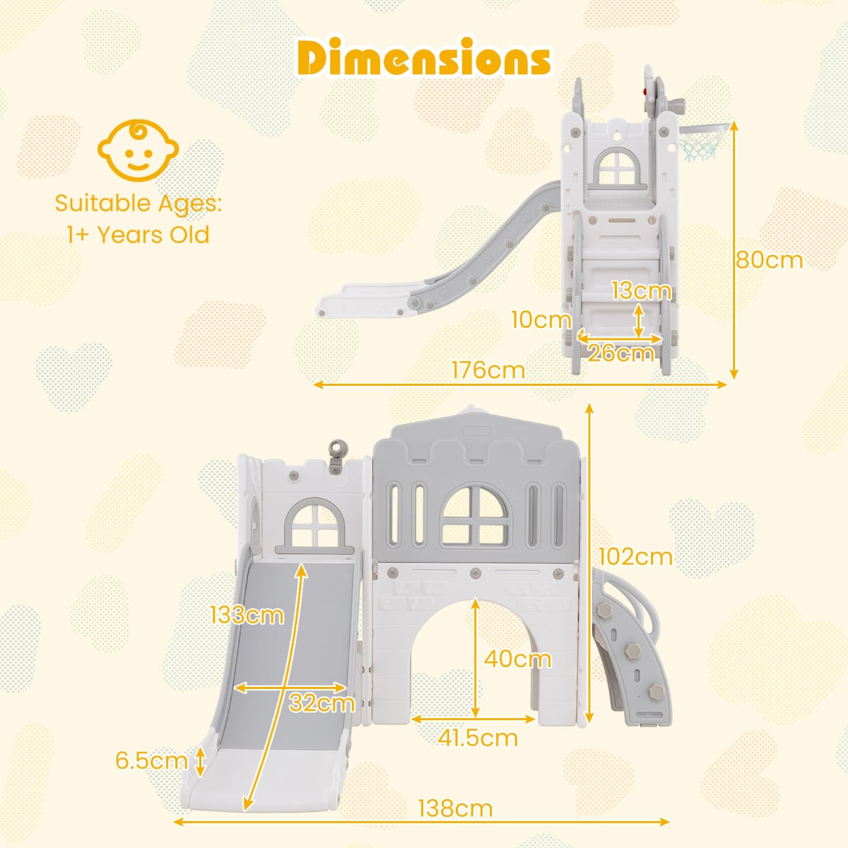 9 in 1 Toddler Slide L Shaped Kids Slide and Climber Playset with Basketball Hoop-Gray & White