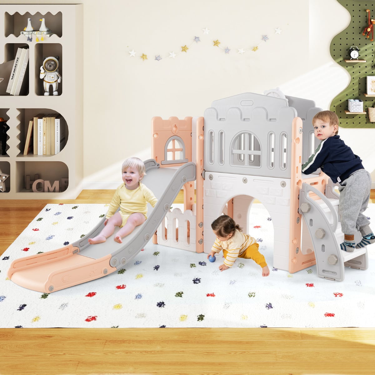 9 in 1 Toddler Slide L Shaped Kids Slide and Climber Playset with Basketball Hoop-Pink & Grey