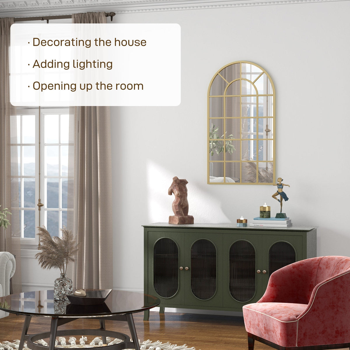 HOMCOM 110 x 65 cm Arched Decorative Wall Mirror for Bedroom Living Room, Modern Window Bathroom Mirror for Home Decor