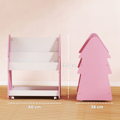 AIYAPLAY Kids Bookshelf with Toy Storage, Double-Sided Bookcase with Wheels, 3 Tier Kids Book Rack for Bedroom, Pink