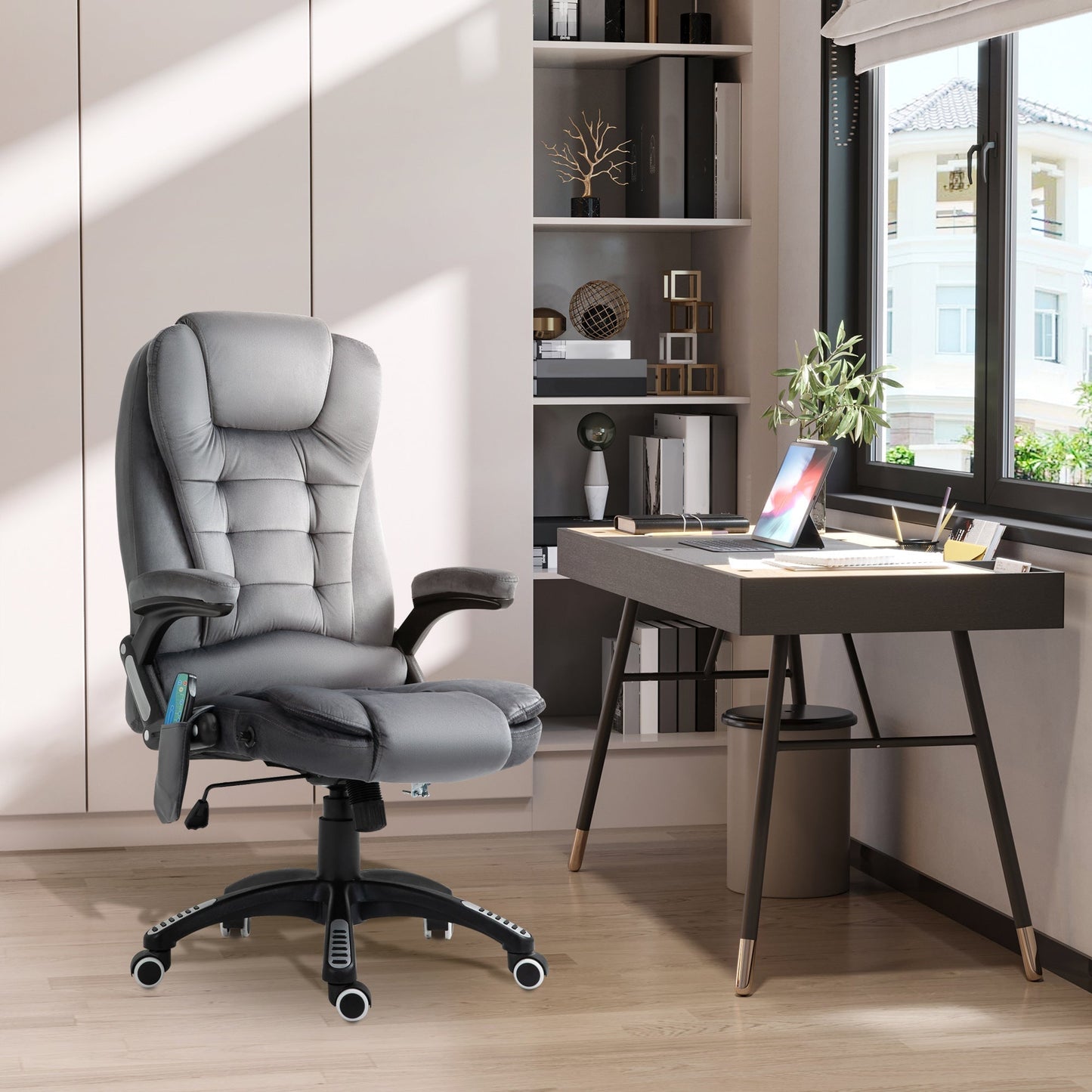 Vinsetto Massage Recliner Chair Heated Office Chair with Six Massage Points Velvet-Feel Fabric 360 Swivel Wheels Grey
