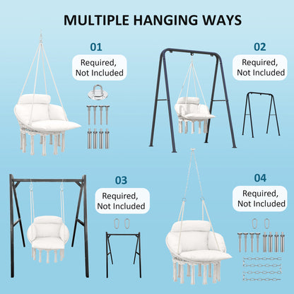 Outsunny Hanging Chair Outdoor Hammock Chair with Soft Cushion, Cotton Rope Boho Style Swing Chair, Hanging Garden Swing Seat for Indoor Outdoor, Cream White