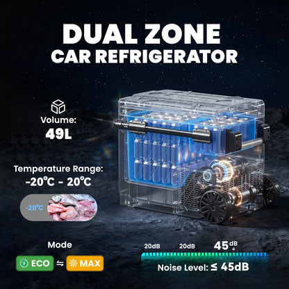 Outsunny 49L Compressor Car Fridge Freezer, Dual Zone Camping Refrigerator with App Control, Telescopic Handle, -20 degrees C-20 degrees C
