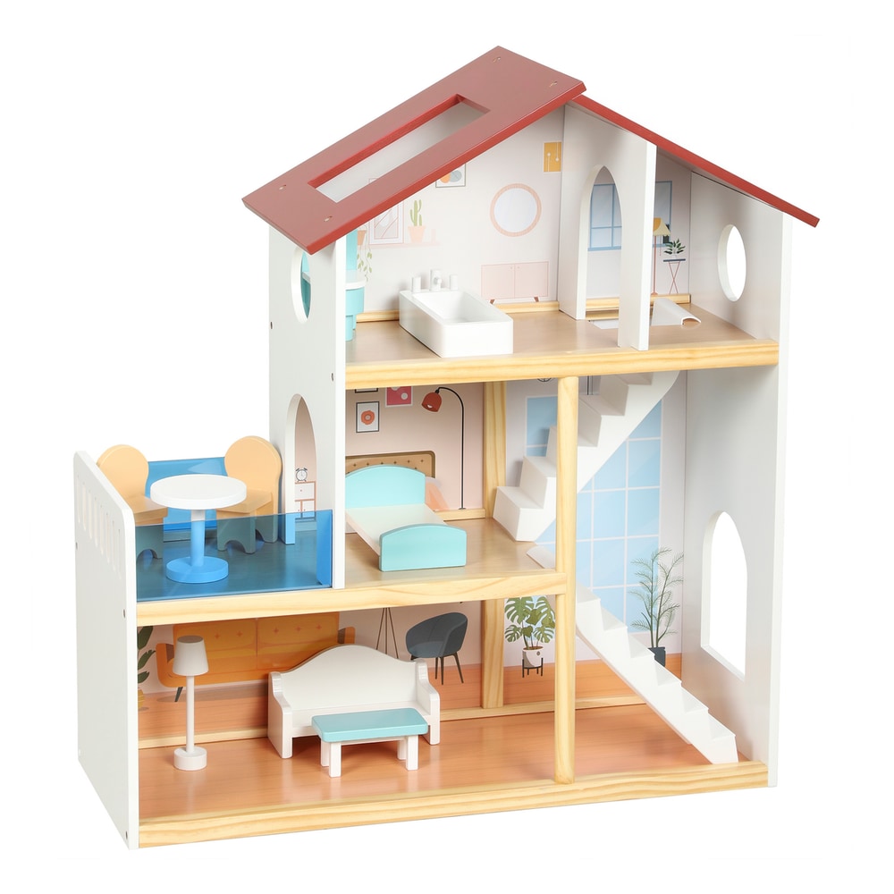 AIYAPLAY Kids Wooden Dolls House, 3-Story Dollhouse with 5 Rooms and 11 Accessories, Pretend Play Gift for Ages 3+, White