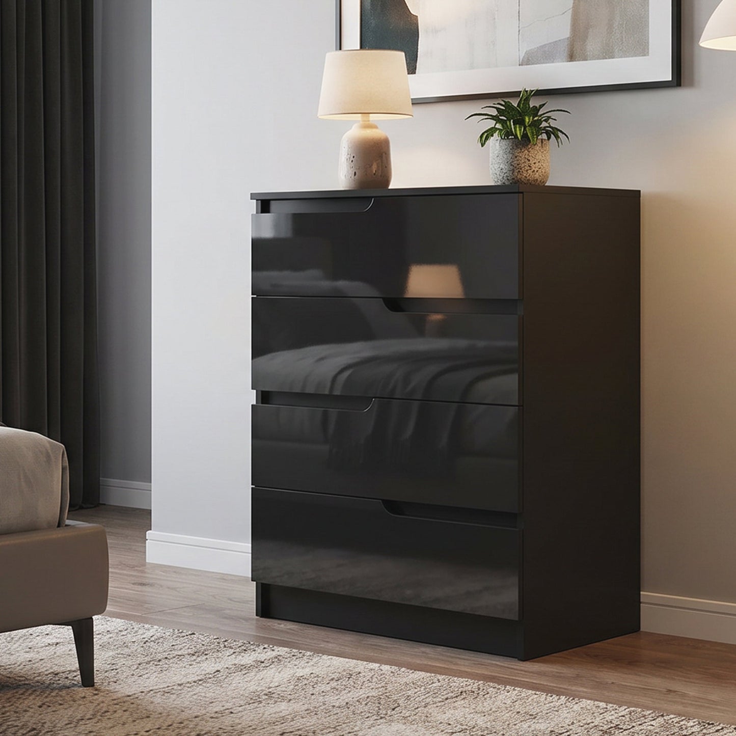 HOMCOM Chest of Four High Gloss Front Drawers - Black
