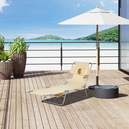 Outsunny Foldable Sun Lounger, Beach Chaise Lounge with Reading Hole, Arm Slots, 5-Position Adjustable Backrest, Side Pocket, Pillow for Garden, Beach, Pool, Beige