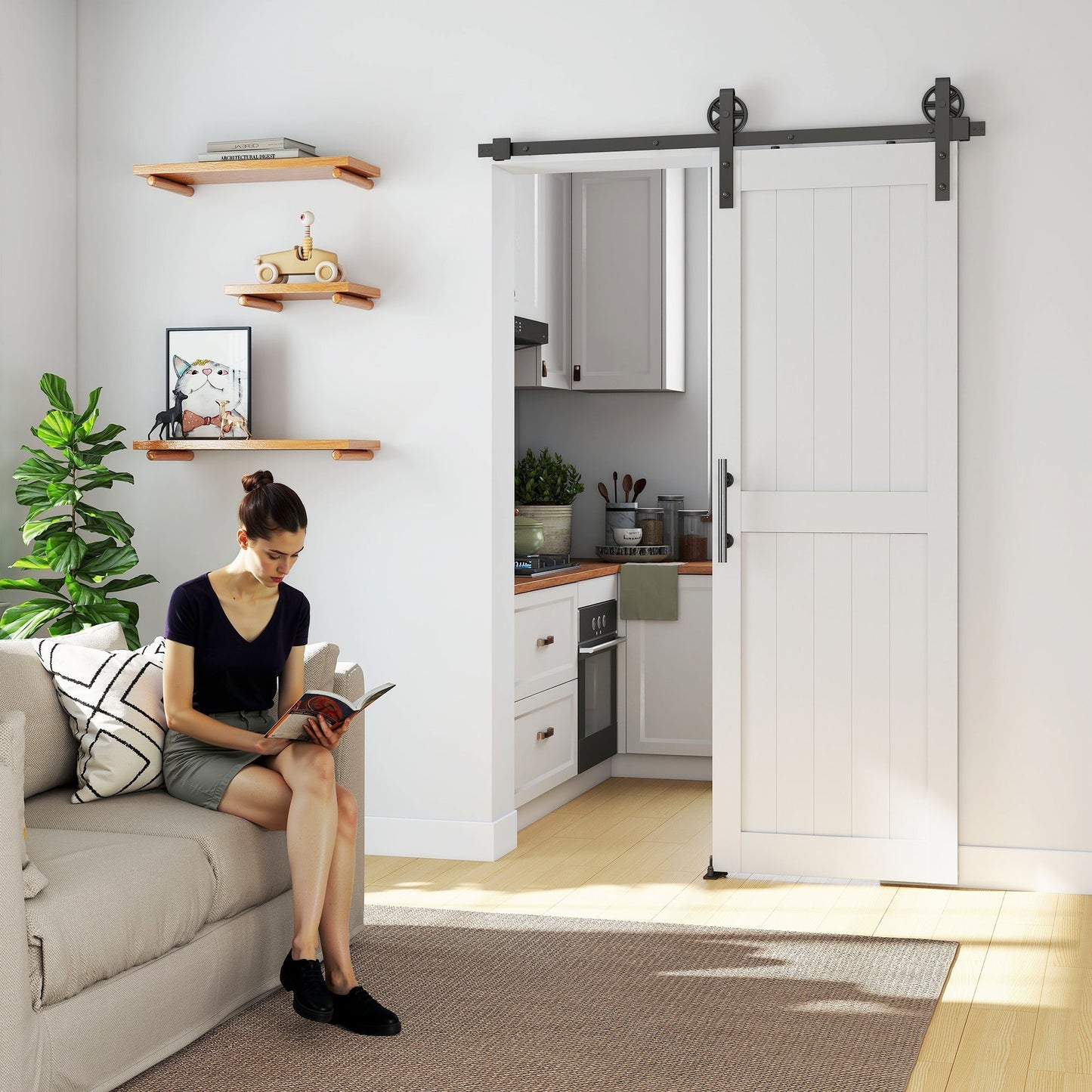 HOMCOM 152.4cm Sliding Barn Door Kit, Sliding Door with Track, Hardware, Upgraded Rollers and Floor Guide, Handle, White