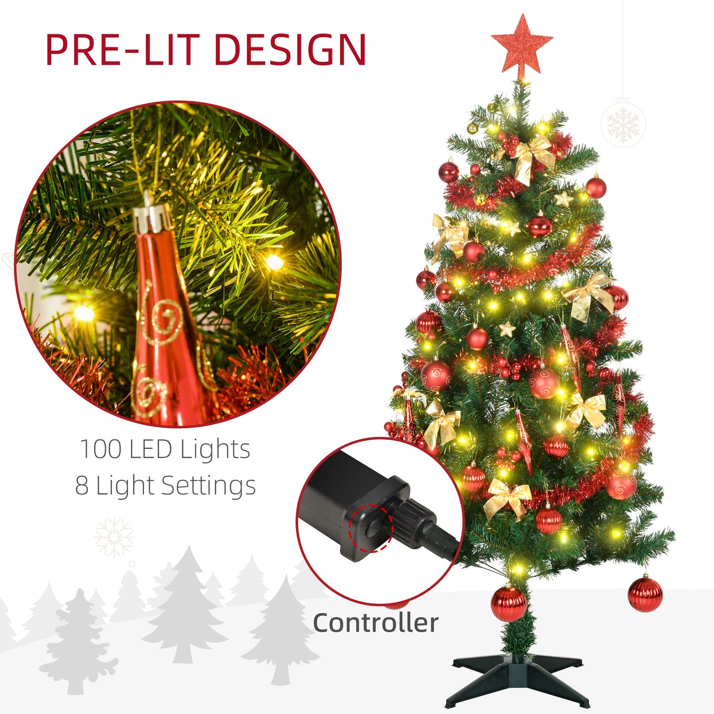HOMCOM 5' Artificial Prelit Christmas Trees Holiday D√É¬©cor with Warm White LED Lights, Auto Open, Tinsel, Ball, Star
