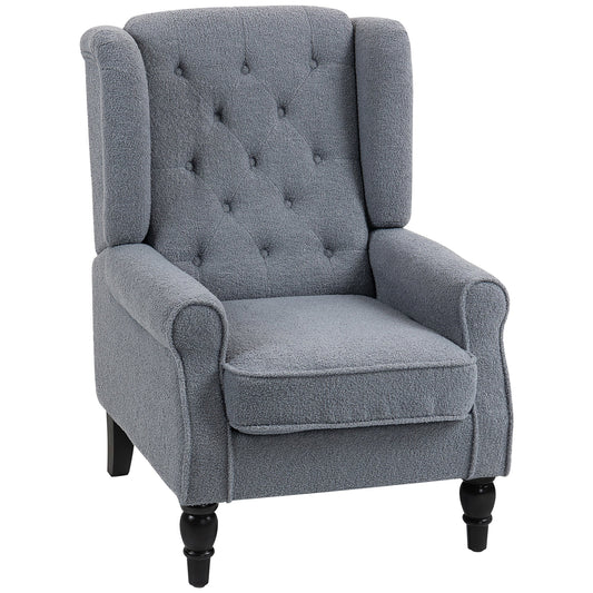 HOMCOM Wingback Accent Chair in grey with button tufting and dark wooden legs on a white background