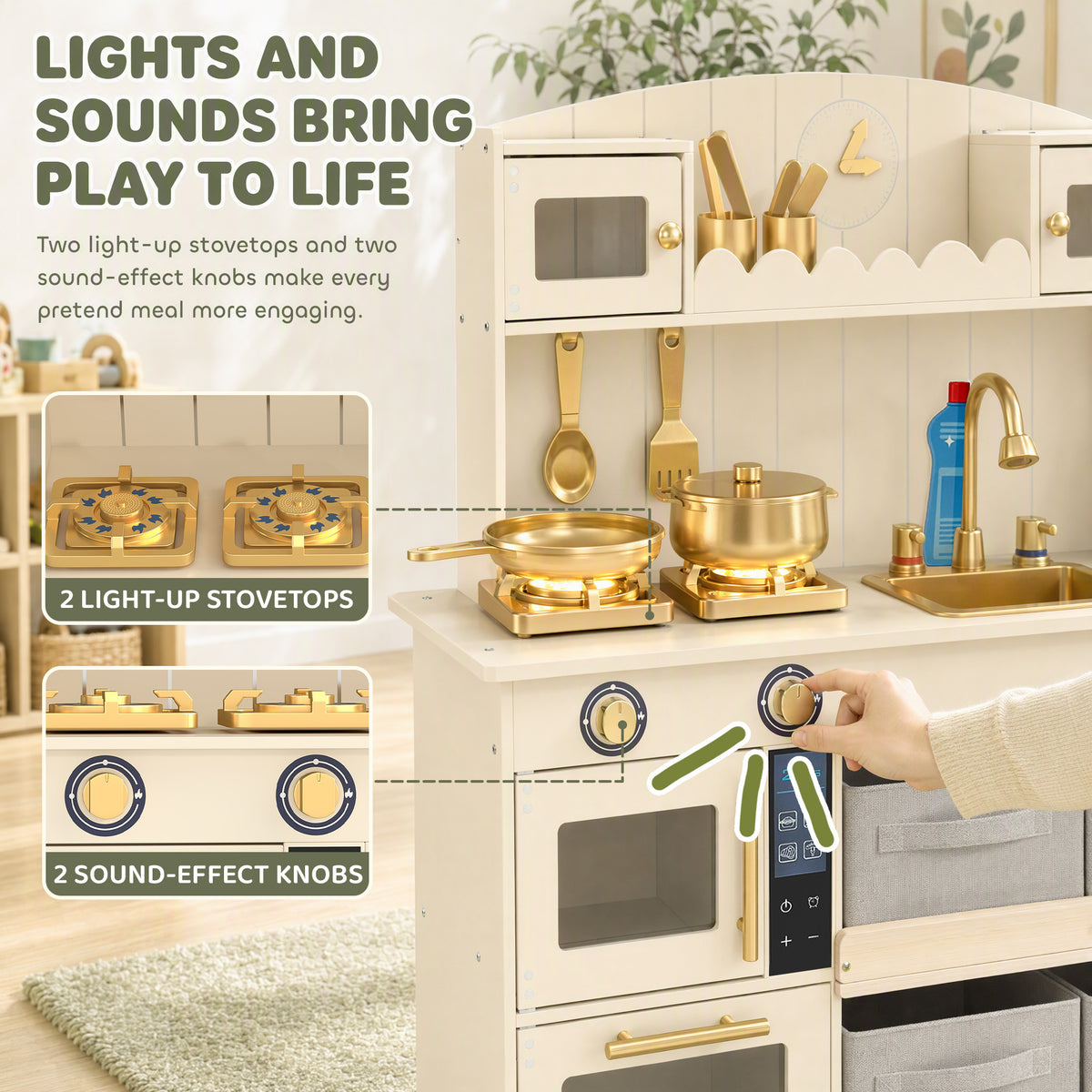 AIYAPLAY Kids Play Kitchen with Lights & Sounds in Cream