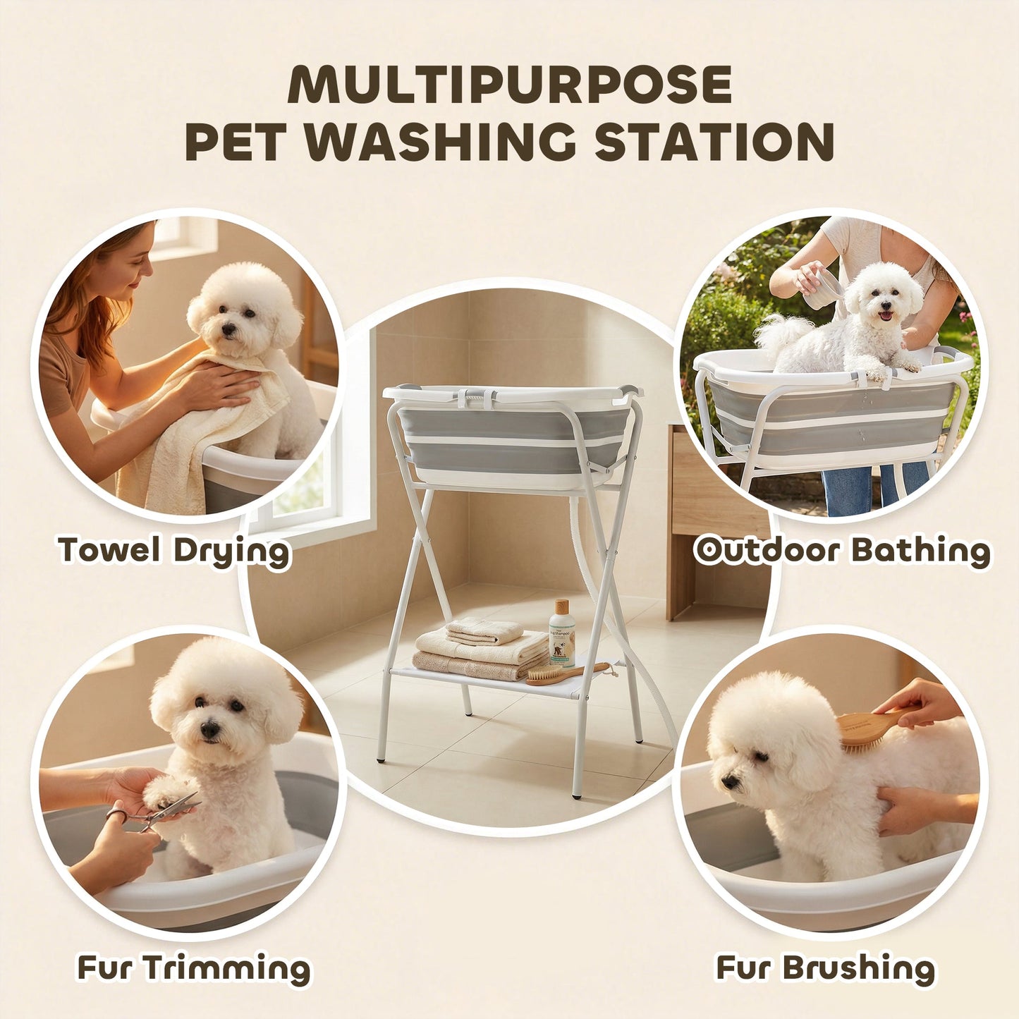 PawHut Dog Bath Tub, Portable Foldable Dog Bathtub with Stand, Drainage Hole, for Small Dogs Puppies Grey