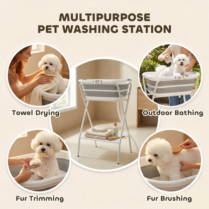 PawHut Dog Bath Tub, Portable Foldable Dog Bathtub with Stand, Drainage Hole, for Small Dogs Puppies Grey