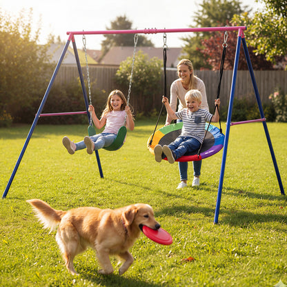 A-Frame Swing Stand for 2 Swings with Ground Stakes and Carabiners Heavy Duty-Blue