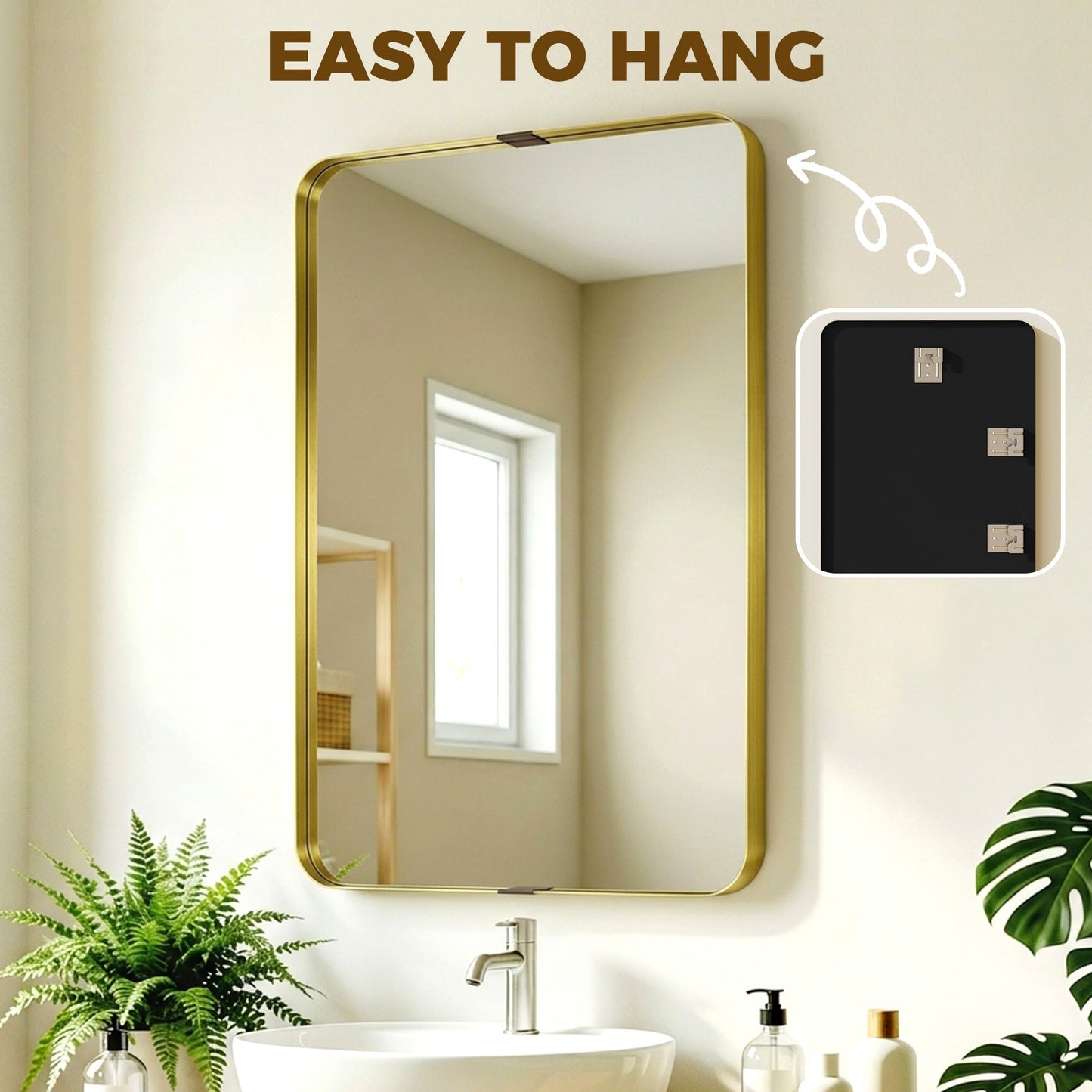 HOMCOM Rectangular Wall Mirror, 90 x 60 cm Wall Mounted Bathroom Mirror w/ Aluminium Alloy Frame and Tempered Glass, Gold Tone