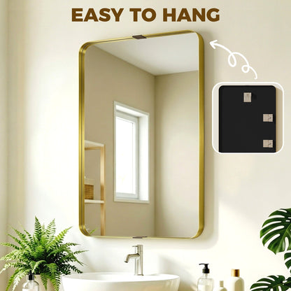 HOMCOM Rectangular Wall Mirror, 90 x 60 cm Wall Mounted Bathroom Mirror w/ Aluminium Alloy Frame and Tempered Glass, Gold Tone
