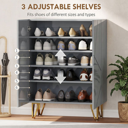 HOMCOM Narrow Shoe Storage Cabinet with Soft-Close Hinges and Adjustable Shelves for 15-20 Pairs of Shoes, Grey