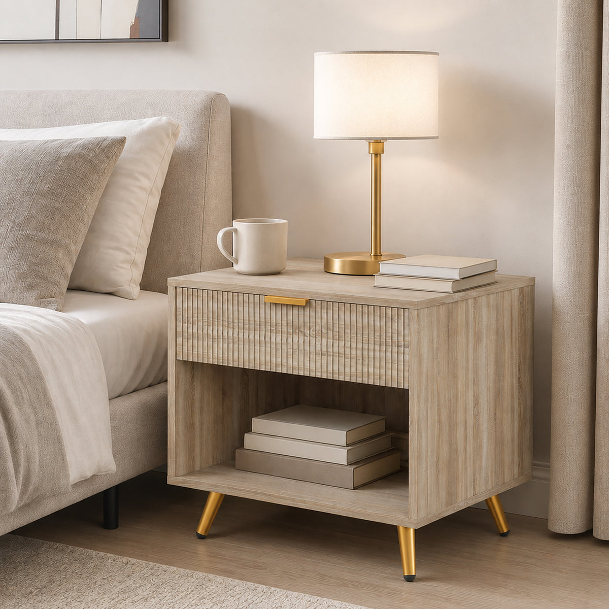 HOMCOM Bedside Table with Drawer and Open Compartment in a Natural Wood Finish