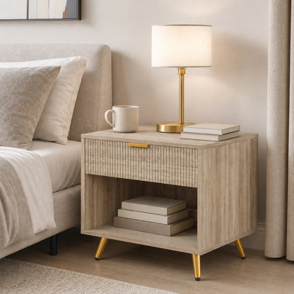 HOMCOM Bedside Table with Drawer and Open Compartment in a Natural Wood Finish