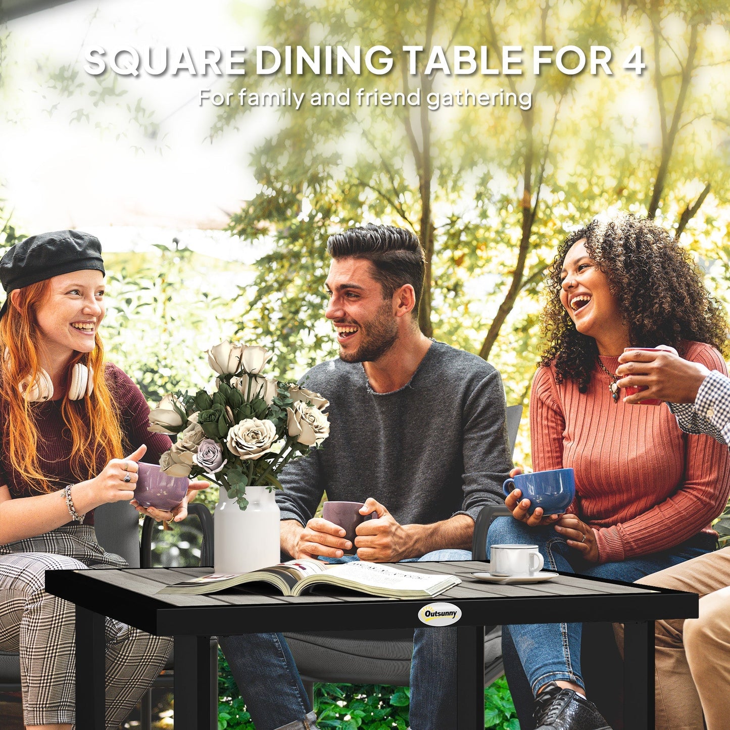طاولة طعام مربعة للحديقة من Outsunny بفتحة للمظلة 5.4 سم، سطح خشبي، إطار معدني، 86 × 86 × 71 سم، رمادي فاتح