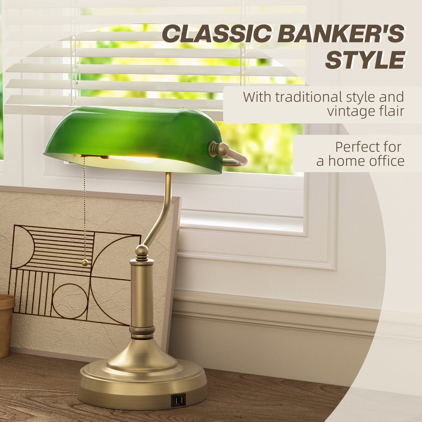HOMCOM Desk Lamp with USB Ports, Banker's Table Lamp Desk Lamp with Vintage Bronze Tone Base and Pull Rope Switch, Green