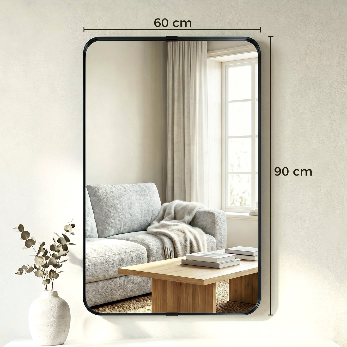 HOMCOM Rectangular Wall Mirror, 90 x 60 cm Wall Mounted Bathroom Mirror with Aluminium Alloy Frame and Tempered Glass, Black