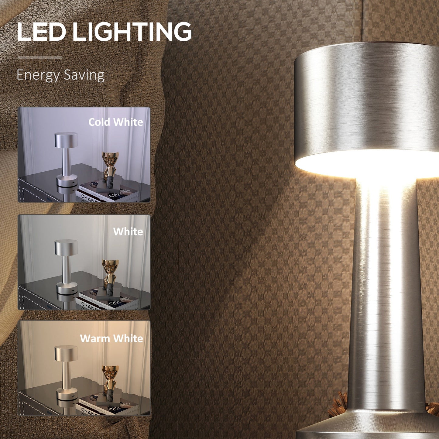 مصباح طاولة HOMCOM لاسلكي، مصباح مكتبي LED يعمل باللمس مع بطارية قابلة لإعادة الشحن، 3 ألوان، لغرفة النوم وغرفة المعيشة، فضي