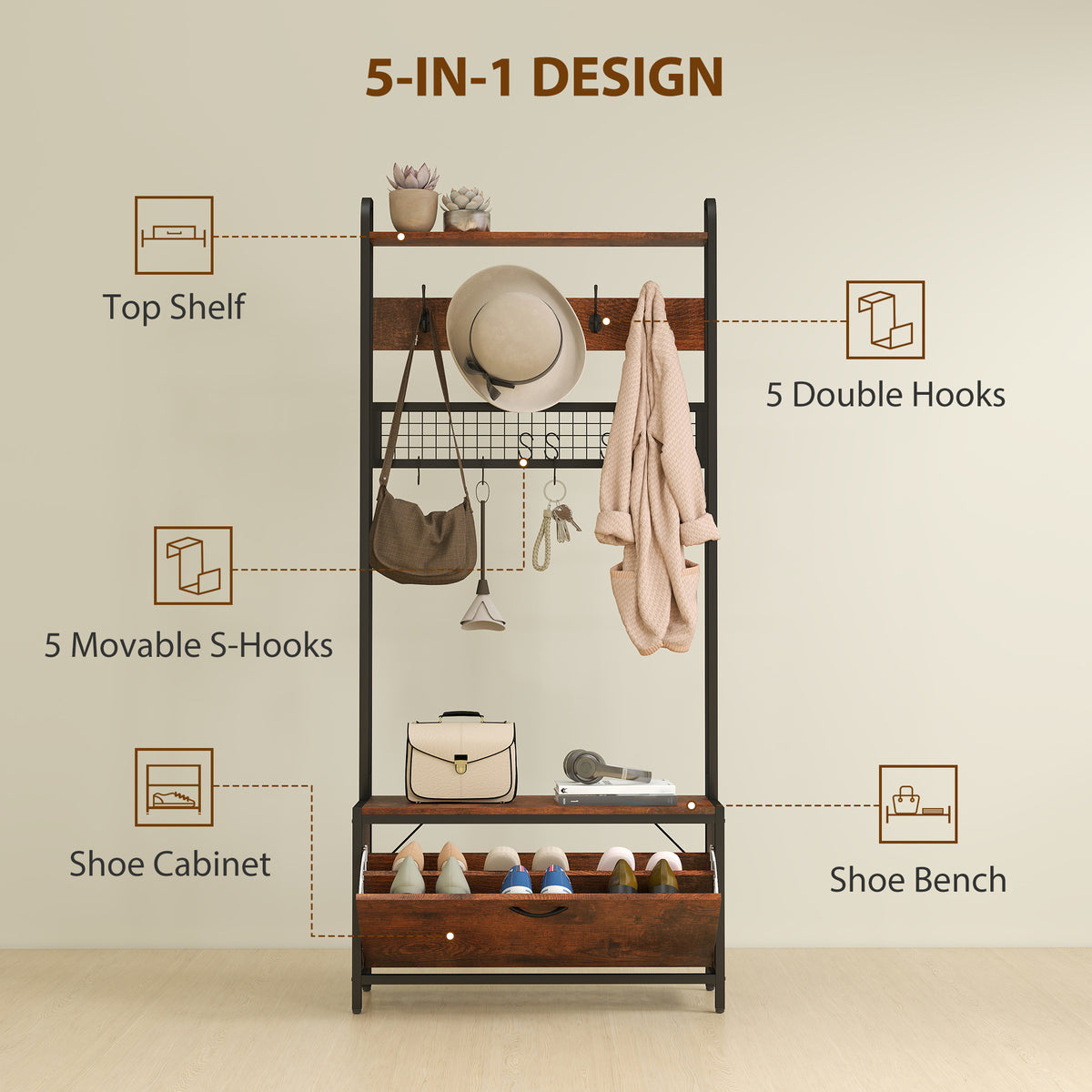 HOMCOM 5-In-1 Industrial-Style Hallway Tree in Rustic Brown