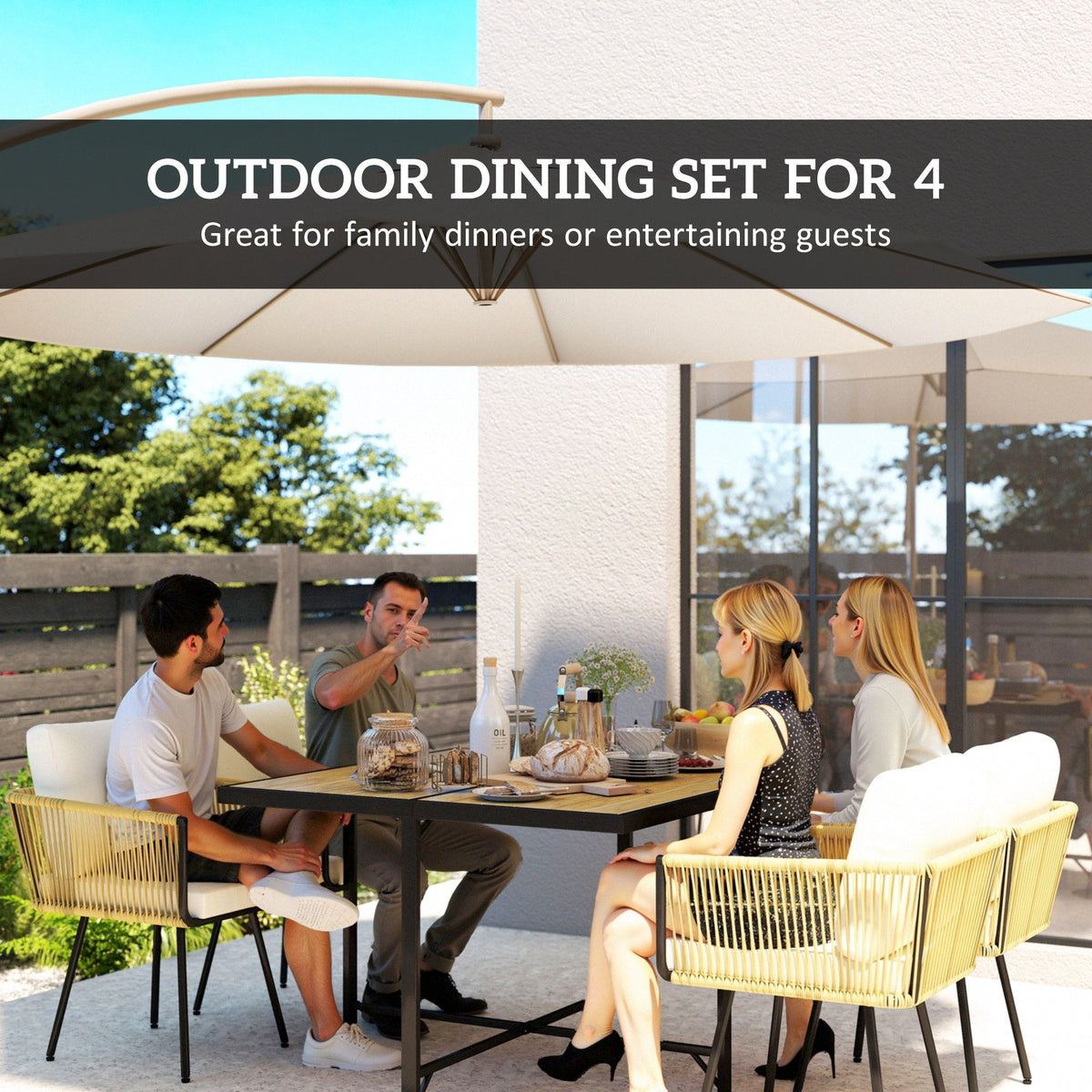 Outsunny 5 Piece Garden Furniture Set, Garden Dining Set with Wood-Plastic Table and 4 Stackable Chairs, Beige