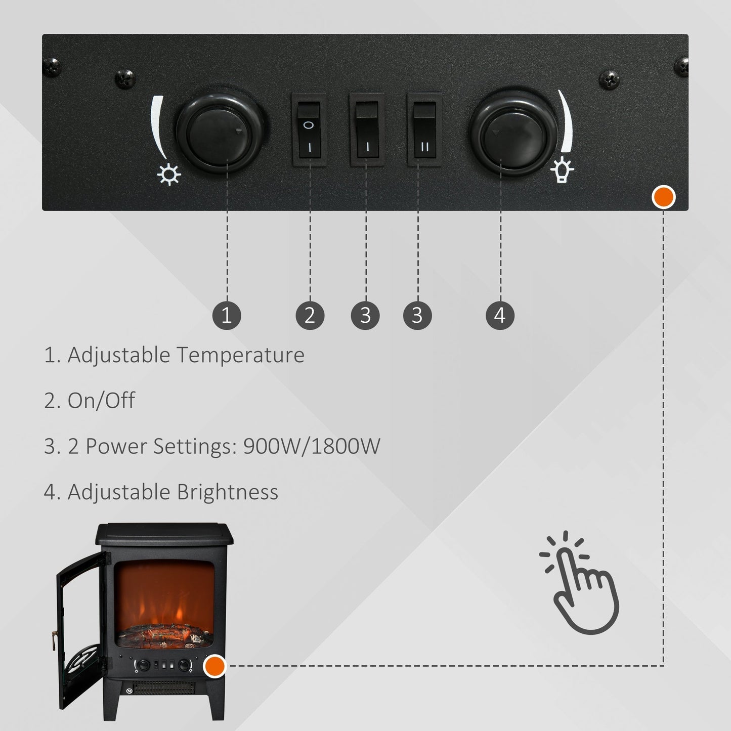 HOMCOM Electric Fireplace Stove, Free standing Fireplace Heater with Realistic LED Flame Effect and Adjustable Brightness, Overheat Safety Protection, 900W/1800W, Black