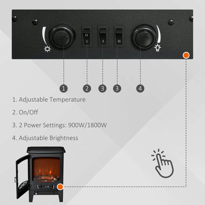 HOMCOM Electric Fireplace Stove, Free standing Fireplace Heater with Realistic LED Flame Effect and Adjustable Brightness, Overheat Safety Protection, 900W/1800W, Black