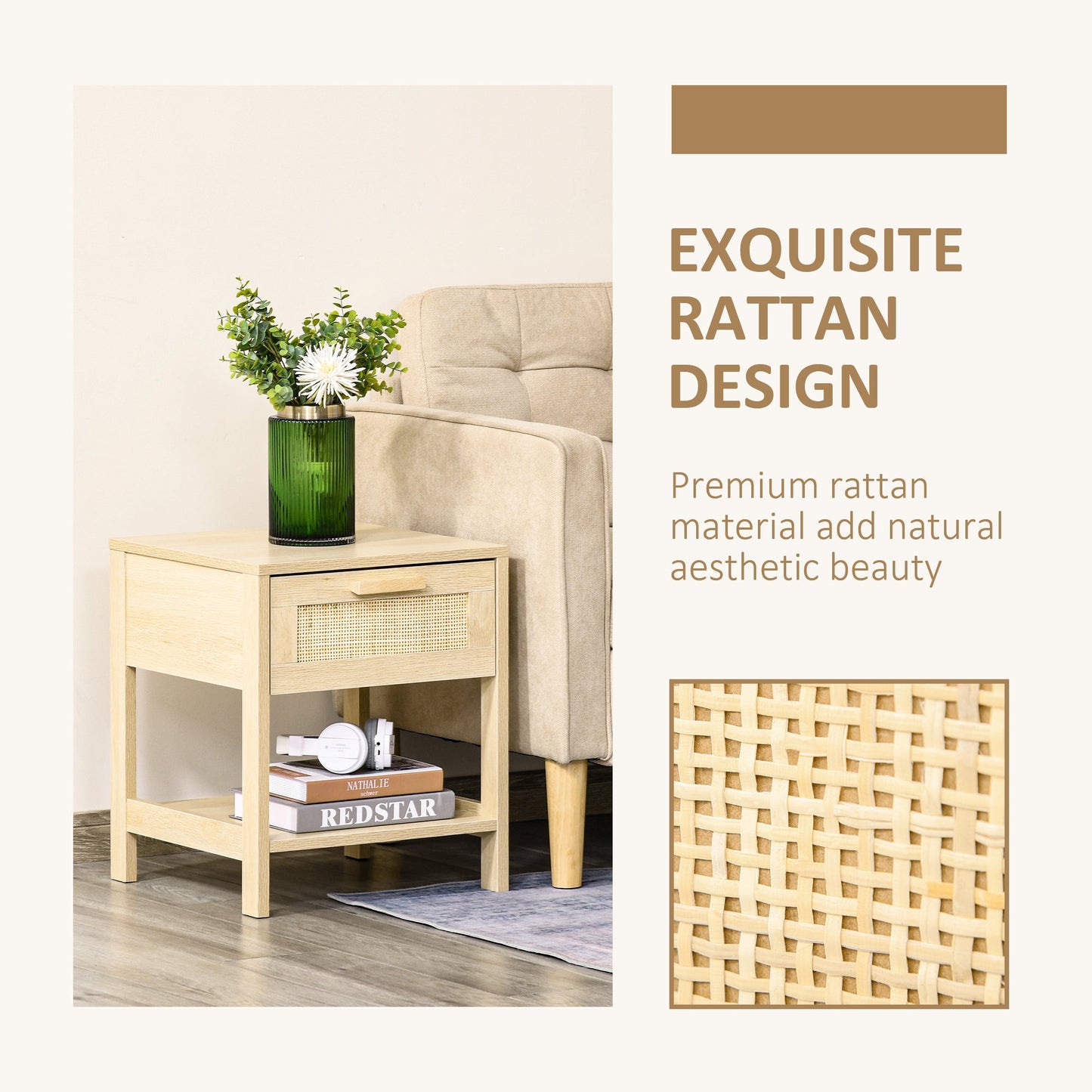 HOMCOM Chest of Drawer and Nightstands, Boho Rattan Furniture Set, Nature Wood Finish