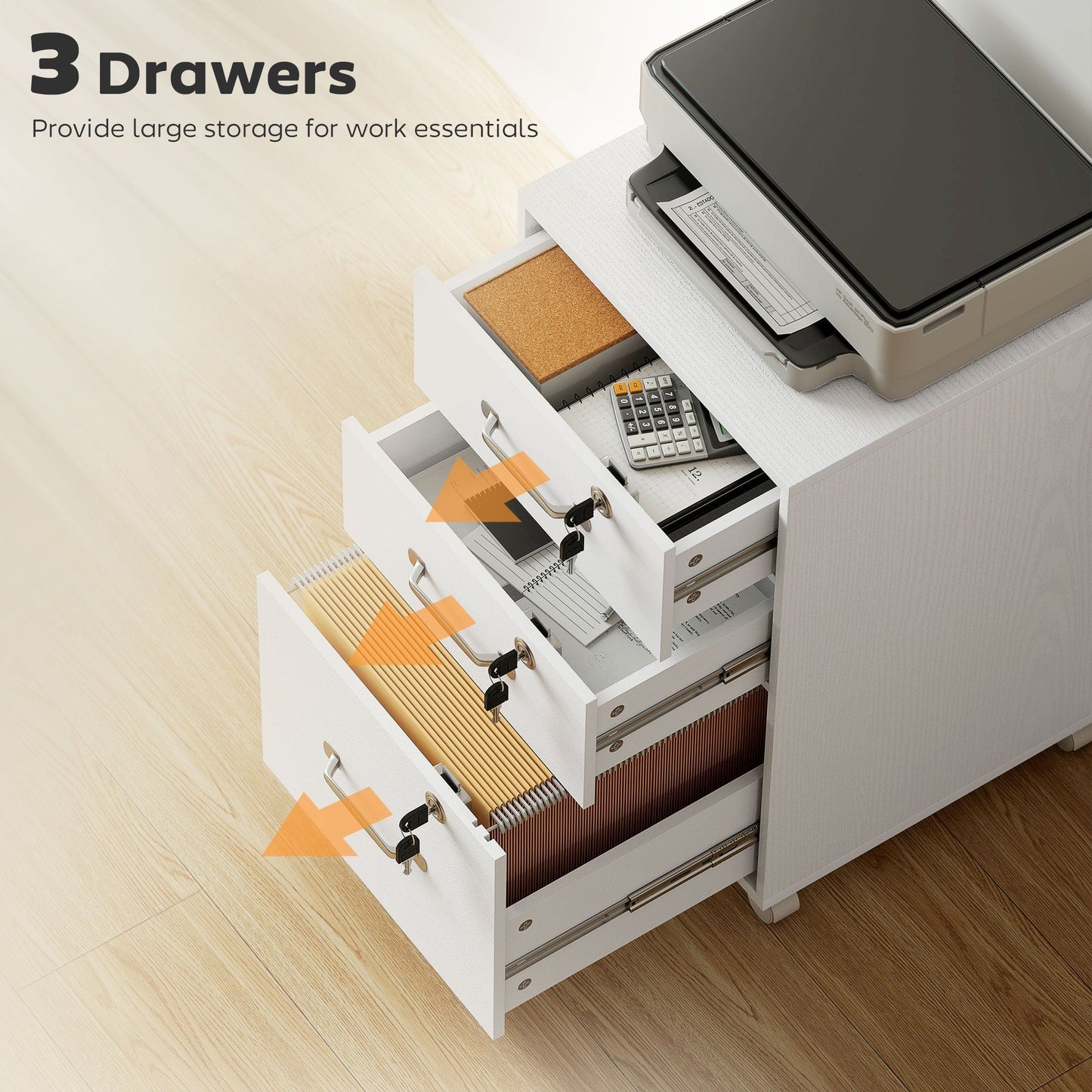 HOMCOM Three Drawer Wood-Effect Filing Cabinet - White