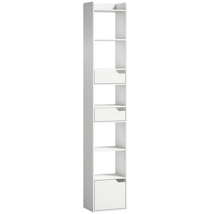 HOMCOM Bookcase Tall Narrow with 5 Tiers and Drawers Freestanding Bookshelf Storage Cabinet for Living Room White Wood Effect