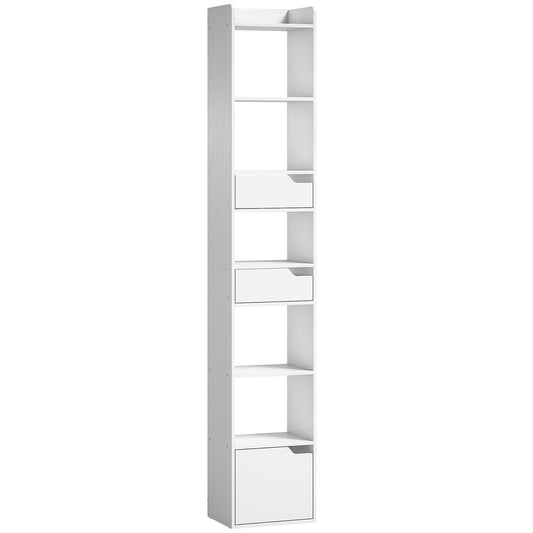 HOMCOM Bookcase Tall Narrow with five tiers and drawers in white wood effect