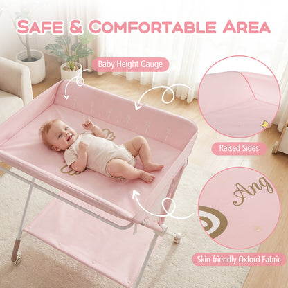 Diaper Changing Station with 3 Position Adjustable Level and 4 Universal Wheels-Pink